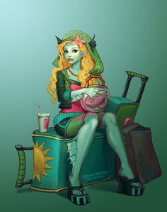 a drawing of a woman sitting on top of a suitcase next to a cup and bag