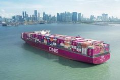 a large pink container ship in the middle of the ocean with cityscape in the background