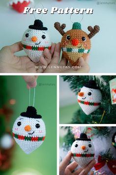 crochet christmas ornament pattern with handmade snowman and reindeer faces