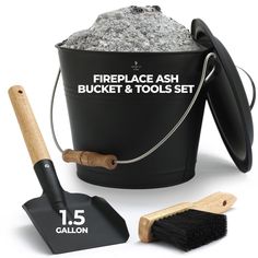 a bucket and tools set with the words fireplace ash bucket & tools set