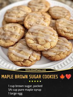 maple brown sugar cookies with icing on a white plate, in front of an advertisement for maple brown sugar cookies