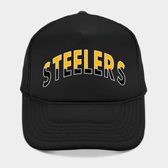 Steelers -- Choose from our vast selection of Trucker hats to match with your favorite design to make the perfect custom graphic Hat. Customize your color! For men and women. Black Retro Hat For Sports Events, Retro Curved Brim Hat For Fan Merchandise, Fan Gear Cap Hat, Retro Black Baseball Cap For Sports Events, Black Hats With Letter Print For Fan Gear, Black Trucker Hat For Fan Gear, Black Dad Hat For Fan Gear With Curved Bill, Black Dad Hat With Curved Bill For Fan Gear, Black Curved Bill Hat For Game Day