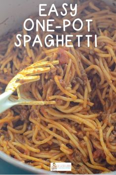 a close up of spaghetti in a pot with the words easy one - pot spaghetti