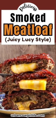 two meatloaf sandwiches on a plate with cheese and ketchup in the middle