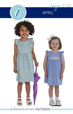 two children's dresses and an umbrella are featured in the pattern for this doll