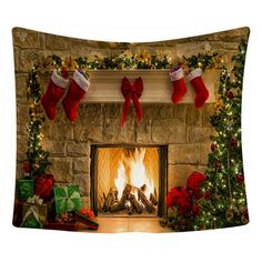 a fireplace decorated with christmas stockings and presents