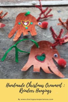 handmade christmas ornament reindeer finger puppets on the ground with text overlay