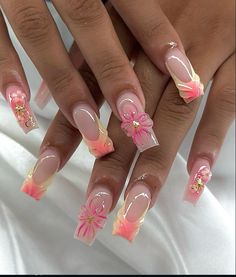 summer nails , pink, yellow, ombre french top Summer Vibe Acrylic Nails, Pink And Yellow Ombre Nails Acrylic, Pink And Yellow Hibiscus Nails, Nails Pink Yellow, Ombre Summer Nails, Pink And Yellow Nails, Holiday Nails Summer, Summer Nails Pink, Bts Nails