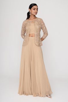 Beige, gold short jacket with dori, sequin embroidery in floral pattern. Paired with inner and sharara. - Aza Fashions Party Wear Sets With Gold Embroidery For Reception, Elegant Gold Embellished Palazzo Set, Elegant Gold Palazzo Set With Embroidery, Elegant Gold Palazzo Set With Gold Embroidery, Fitted Embellished Gold Palazzo Set, Festive Beige Set With Gold Embroidery, Gold Embroidered Palazzo Set For Party, Gold Long Sleeve Anarkali Set For Festive Occasions, Gold Embellished Palazzo Set For Party