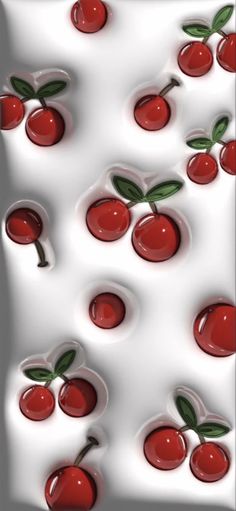 an abstract image of cherries with green leaves on white paper and red liquid in the middle