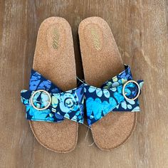 Pretty Blue Floral Print With Gold Tone Buckle Size 8 Brand New, Never Worn Casual Beach Sandals In Fabric, Casual Fabric Sandals For Beach, Casual Fabric Beach Sandals, Casual Adjustable Sandals, Casual Adjustable Blue Sandals, Casual Blue Adjustable Sandals, Casual Blue Sandals For Beach, Blue Fabric Sandals With Round Toe, Blue Fabric Round Toe Sandals