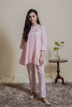 PRODUCT DETAIL: A must have modern pink cotton co-ord set comes with embroidered floral motif, enhanced with lace on sleeves and Pants. SPECIFICATIONS: Color Pink Fabric Cotton Product Code PCS26 Co Ords Outfits Summer, Co Ords Outfits Indian, Short Night Dress, Lace On Sleeves, Co Ords Outfits, Kurti Embroidery, Sets Outfit, Cord Set, Kurti Designs Latest