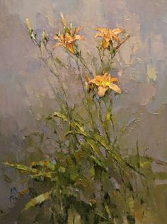 an oil painting of yellow flowers in a vase