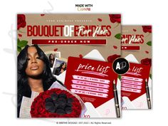 two flyers for an event with red roses and black women's hair in the background