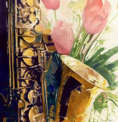 a painting of pink flowers in a vase next to a saxophone