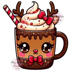 a coffee cup with whipped cream and candy canes on the top is decorated with reindeer antlers