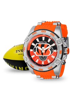 This beautiful Invicta NFL watch contains a precise Quartz movement in addition to silver case. Its face displays a white, orange, black, metal, glass fiber dial protected by a highly resistant Flame Fusion Crystal. This timepiece is completed by a steel, orange, silicone, stainless steel band and it offers water resistance of up to 100 m. From the initial league founding in 1920 to the first Super Bowl in 1967, American football has been captivating fans for decades. Taking inspiration from foo Sport Watches With Yellow Number, Invicta Pro Diver, Luxury Orange Automatic Watches, Bangles Football Cincinnati Bengals, Nfl Teams Logos, Invicta Watches, American Sports, Cincinnati Bengals, Stainless Steel Band