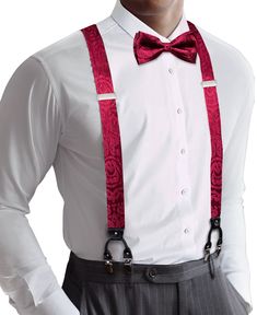 Suspender Size:125cm*3.5cm? ?Bowtie Size:?4.72"?x 2.36?¡À (12cm?x?6cm) Material Used: Genuine Leather +Double String Elastic Polyester Color: Same as the picture Application/Use: Adults, Unisex Party Suit And Tie Accessories With Adjustable Ties, Red Suspenders Outfit Men, Burgundy Bow Tie And Suspenders Groomsmen, Red Adjustable Wedding Ties, Red Formal Standard Bow Tie, Red Bow Tie And Suspenders, Mens Suspenders, Men's Suspenders, Burgundy Vest