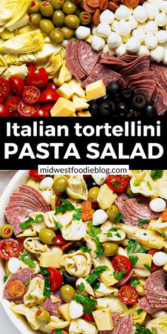 2 close up photos of Italian tortellini pasta salad Antipasto Pasta Salad, Antipasto Pasta, Antipasto Salad Recipe, Antipasto Pasta Salads, Sliced Salami, Red Wine Vinaigrette, Tortellini Pasta