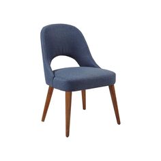 a blue upholstered chair with wooden legs