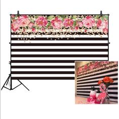 a black and white striped wall with pink flowers on it next to an image of a flamingo