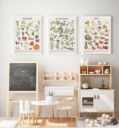 three framed pictures on the wall above a table and chairs in front of a blackboard