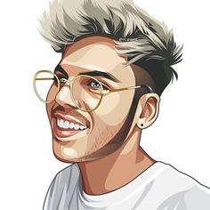 a drawing of a man with glasses and a white t - shirt smiling at the camera