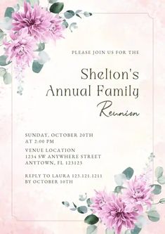 a pink and white floral design on the front of an elegant family reunion announcement card