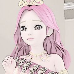 a drawing of a girl with pink hair wearing a tiara and holding a cell phone