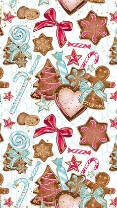 christmas cookies and candies on a white background with snowflakes, candy canes and stars