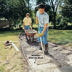 two men are working in the yard with shovels