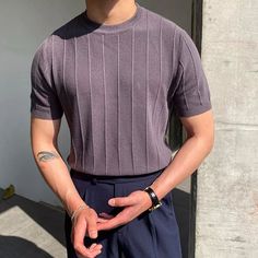 Hearujoy Light Mature Style Round Neck T-shirt Half-sleeved Knitted Men Short-sleeved Thin Korean Style Bottoming Shirt Fashion Trend Top Size Suggest : Size S: weight 35kg-40kg, height 145-150cm Size M: weight 40kg-50kg, height 155-165cm Size L: weight 50kg-57.5kg, height 165-175cm Size XL: weight 57.5kg-65kg, height 170-175cm Size 2XL: weight 65kg-70kg, height 175-180cm Business Casual Summer, Mode Casual, Estilo Chic, Komplette Outfits, Knitted Tshirt, Fashion Kids, Solid Tops, Summer Wear, Smart Casual