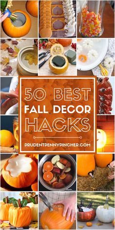 pumpkins and other fall decorations with the words 50 best fall decor hacks