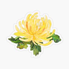 a watercolor painting of a yellow flower with green leaves on white background sticker