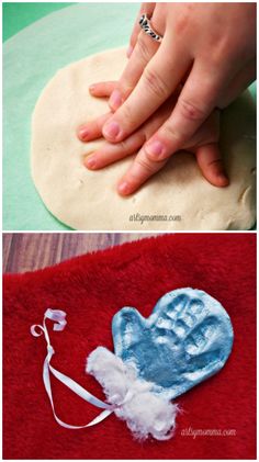 two pictures showing how to make hand prints on dough