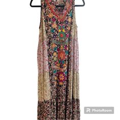 Nwot Sz Sm 100% Rayon Maxi Length Beautiful Patchwork And Embroidery Boho Vibes Let Me Know If You Have Any Questions V-neck Dress With Multicolor Floral Embroidery, Sleeveless Embroidered Dress With Floral Print, Sleeveless Embroidered Floral Dress For Vacation, Sleeveless Floral Embroidered Dress For Vacation, Multicolor Embroidered V-neck Maxi Dress, Bohemian Multicolor Sleeveless Embroidered Dress, Multicolor V-neck Embroidered Maxi Dress, Casual Sleeveless Embroidered Dress With Floral Print, Bohemian Embroidered Sleeveless Midi Dress