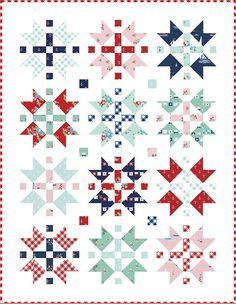 a quilt with red, white and blue stars on the front is featured in this pattern