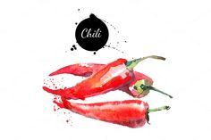 two red peppers with the word chili written above them in black ink on a white background