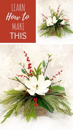 a vase filled with white flowers and greenery on top of a table next to snowflakes