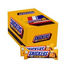 two boxes of snickkers are sitting next to each other on a white background