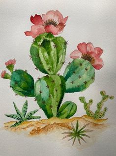 a watercolor painting of a cactus with pink flowers