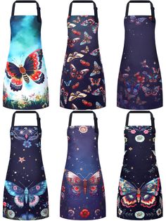 four different aprons with butterflies on them