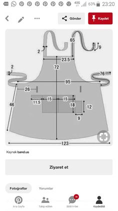 an image of a apron with measurements on the front and back, showing how to measure it