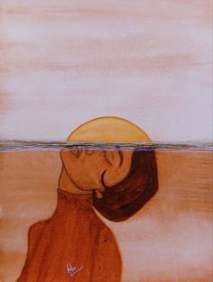 a drawing of a woman's head with the sun in her hair and water behind her