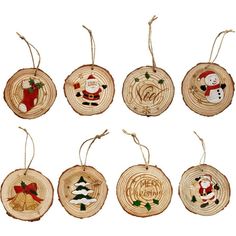 christmas ornaments are hanging on wood slices