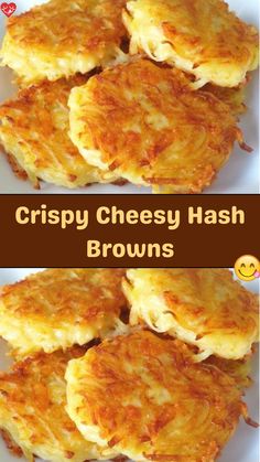 crispy cheesy hash browns on a white plate with text overlay that says, crispy cheesy hash browns