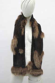 "DESCRIPTION: BEAUTIFUL & VERY STYLISH BROWN SHEARED BEAVER FUR SCARF WITH LIGHT BROWN FOX FUR TRIMMING FOR WOMEN! THE FUR ON THE BOTH SIDE, NO LINING! THIS ITEM IS BRAND NEW! SIZE:   5\" X 60\" WHY YOU SHOULD BUY YOUR PRE-OWNED FURS ONLY FROM OUR COMPANY? BECAUSE WE SIZE AND REPAIR OUR COATS BEFORE SHIPPING AND WE OFFER A RETURN POLICY...NO RISK 100% SATISFACTION. BRAND NEW COATS: ONCE MEASUREMENTS ARE RECEIVED (HEIGHT,WEIGHT, CHEST/BUST, SLEEVE LENGTH AND LENGTH OF THE COAT WANTED), YOUR BRAND Raccoon Fur Coat, Fox Fur Scarf, Sheepskin Jacket, Fur Scarf, Men's Coats And Jackets, Fox Fur, Fur Trim, Scarf Wrap, Light Brown