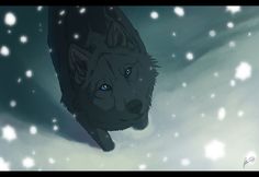 a wolf with blue eyes is standing in the snow and has his head turned to the side