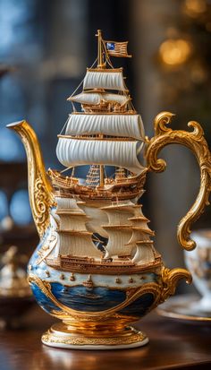 a gold and blue teapot with a white sailboat on it's side