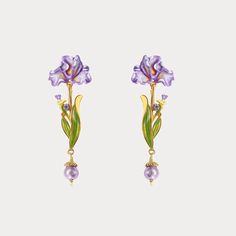 Iris Flower Drop Earrings | Enamel Iris Dangle Earrings With Pearl | Purple Floral Dangling Earrings | Selenichast Iris Jewelry, Pearl Purple, Flower Drop Earrings, Purple Gems, Iris Flower, Purple Iris, Purple Earrings, Iris Flowers